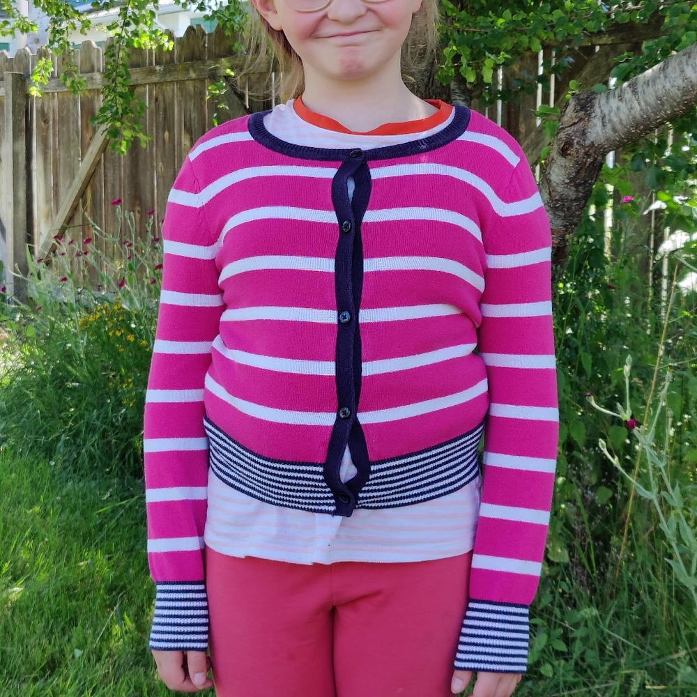 Pink and white striped with Navy sweater